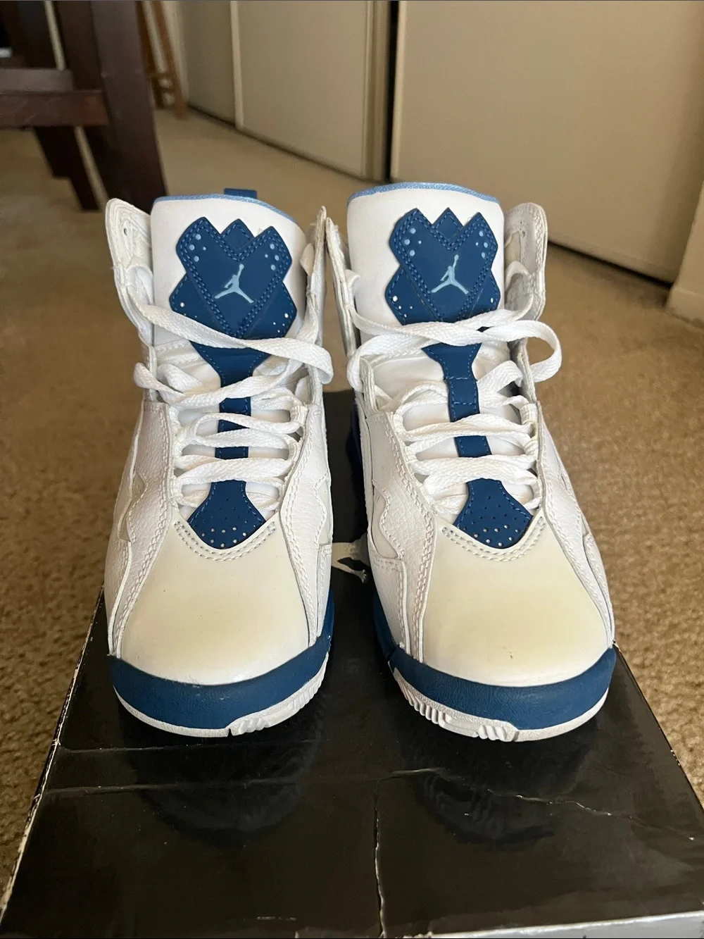 Jordan Kids' White and Blue High-Top Basketball Sneakers - Picture 2 of 4